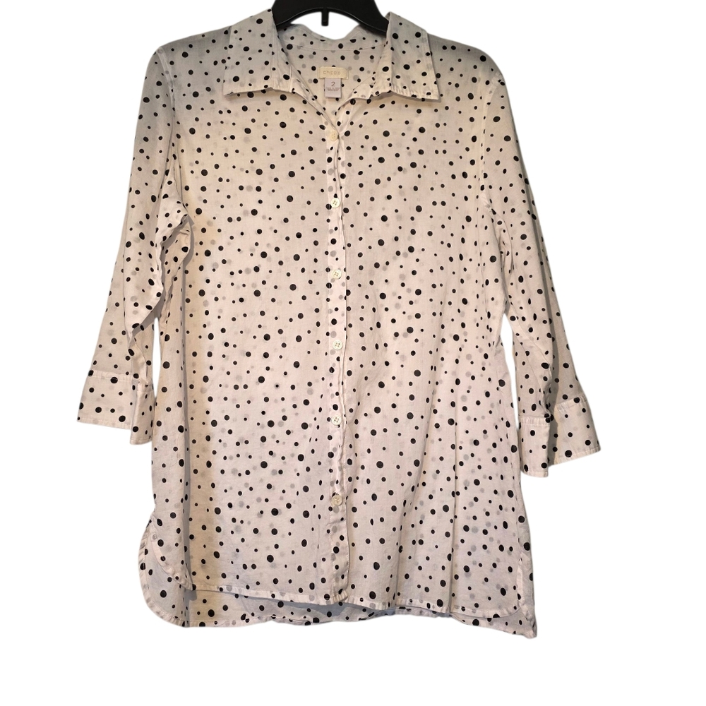 Chico's Polka Dot Women's Button Blouse Black And White 12 EUC